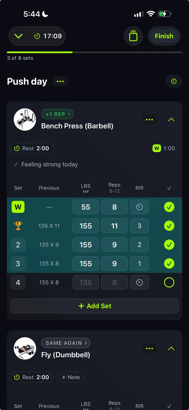 The same push day in Trainlike: bench press with a demo picture, the weight and reps of each set, and the sets done ticked off
